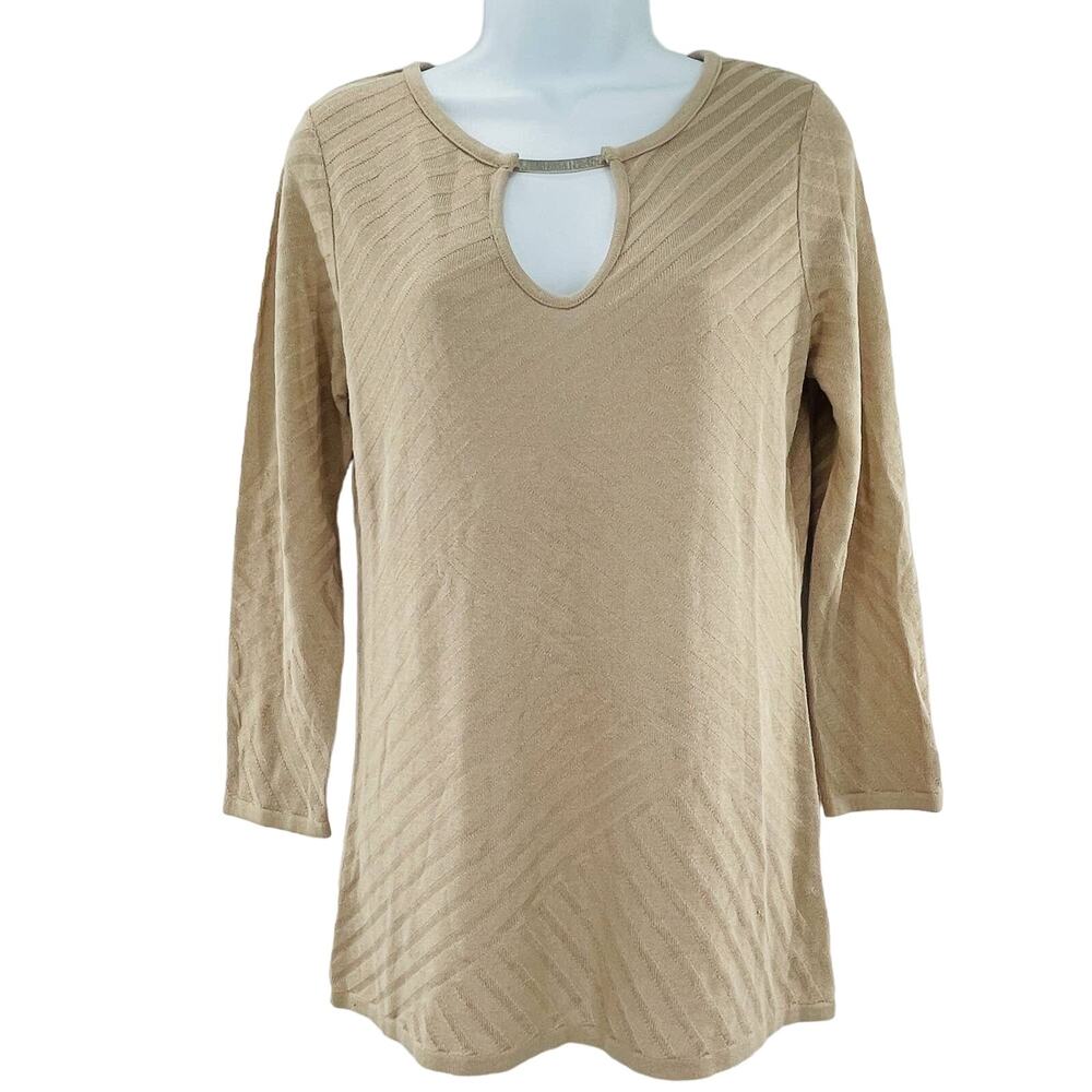 DANA BUCHMAN Cream Gold Bar Cut Out Neckline 3/4 Sleeve Tunic Top S